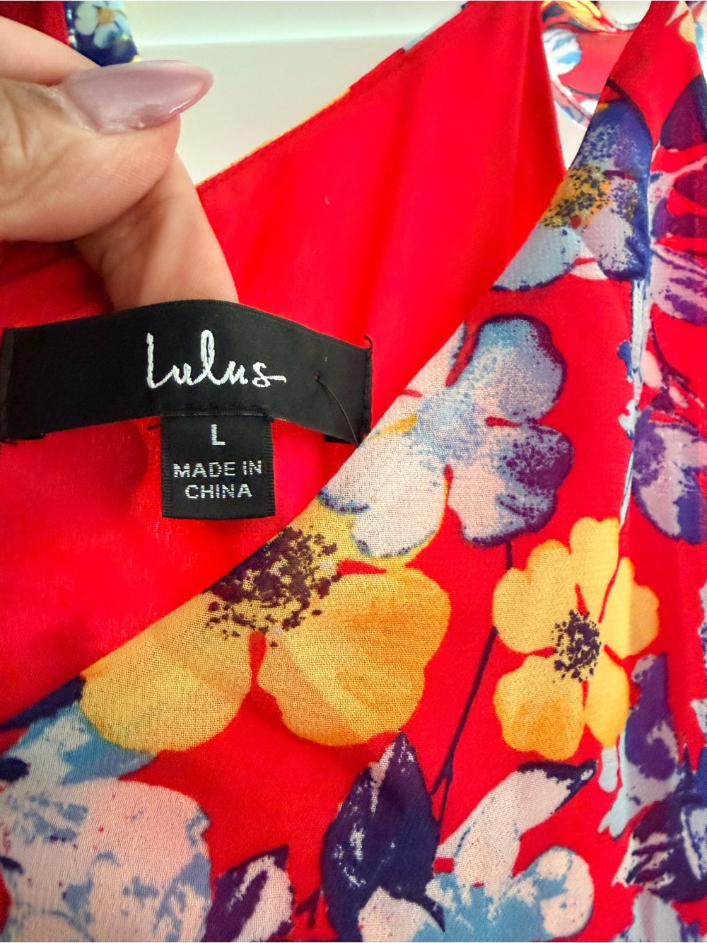 Lulu's Red Floral Wrap Dress with Yellow & Blue Blooms - Picture 4 of 8